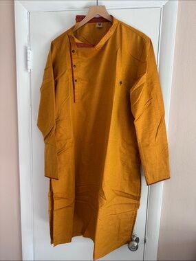 Manyavar Men's Mustard Kurta Shirt with Offset Button and Trim